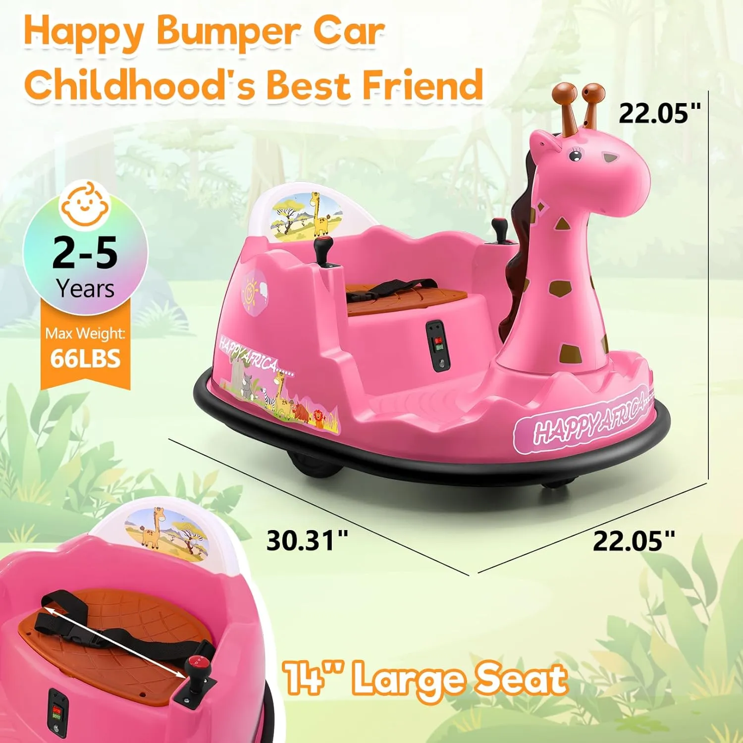 Hikole 12V Electric Toddler Bumper Car, Ride on Giraffe Bump Cars for Baby with Remote Control, 360°Spin/3 Speeds/Soft Bump Strip/Music/Colored Marquee Lights, Gift Choice, Pink