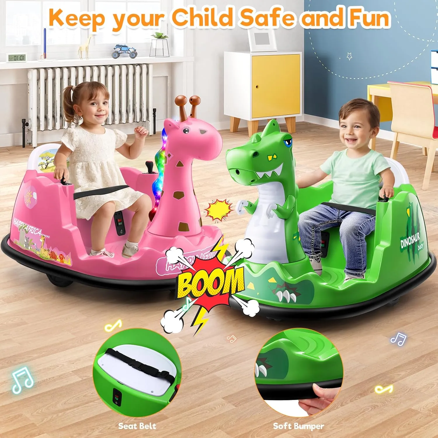 Hikole 12V Electric Toddler Bumper Car, Ride on Giraffe Bump Cars for Baby with Remote Control, 360°Spin/3 Speeds/Soft Bump Strip/Music/Colored Marquee Lights, Gift Choice, Pink