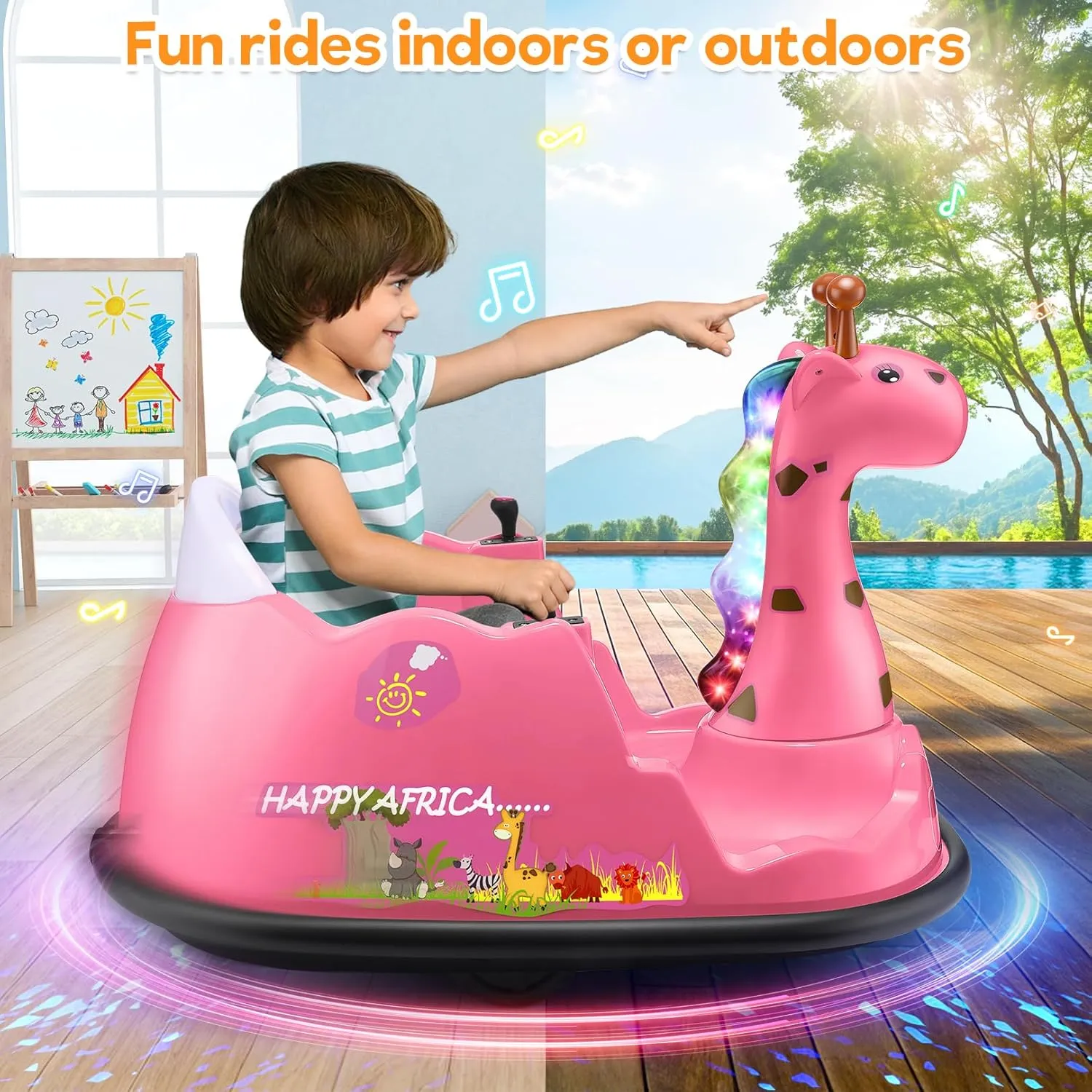 Hikole 12V Electric Toddler Bumper Car, Ride on Giraffe Bump Cars for Baby with Remote Control, 360°Spin/3 Speeds/Soft Bump Strip/Music/Colored Marquee Lights, Gift Choice, Pink