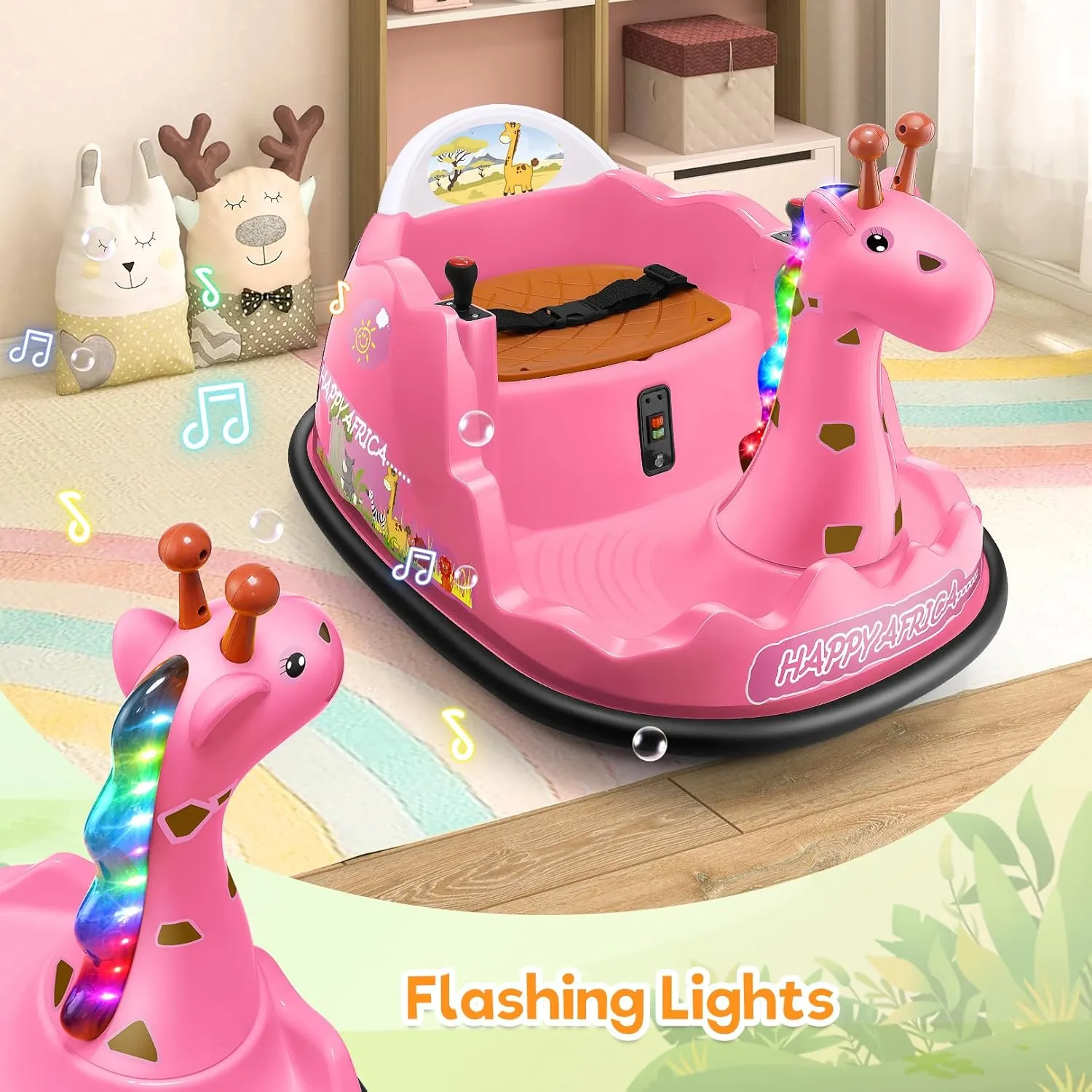 Hikole 12V Electric Toddler Bumper Car, Ride on Giraffe Bump Cars for Baby with Remote Control, 360°Spin/3 Speeds/Soft Bump Strip/Music/Colored Marquee Lights, Gift Choice, Pink