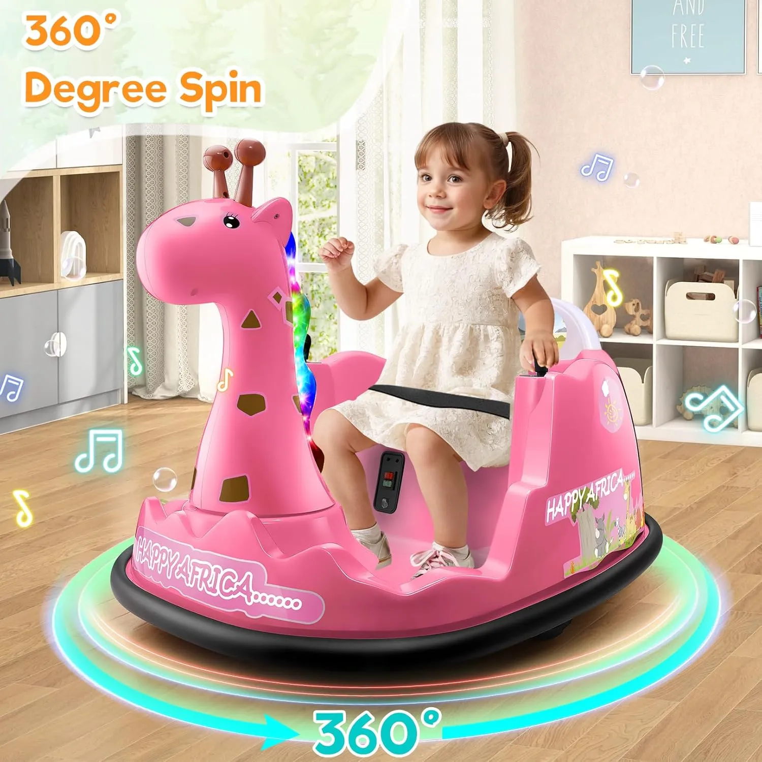 Hikole 12V Electric Toddler Bumper Car, Ride on Giraffe Bump Cars for Baby with Remote Control, 360°Spin/3 Speeds/Soft Bump Strip/Music/Colored Marquee Lights, Gift Choice, Pink