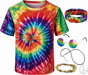 Hippie Costume for Men Momen 60s 70s Colorful T-Shirt 5 PCS Accessories Set for Theme Party