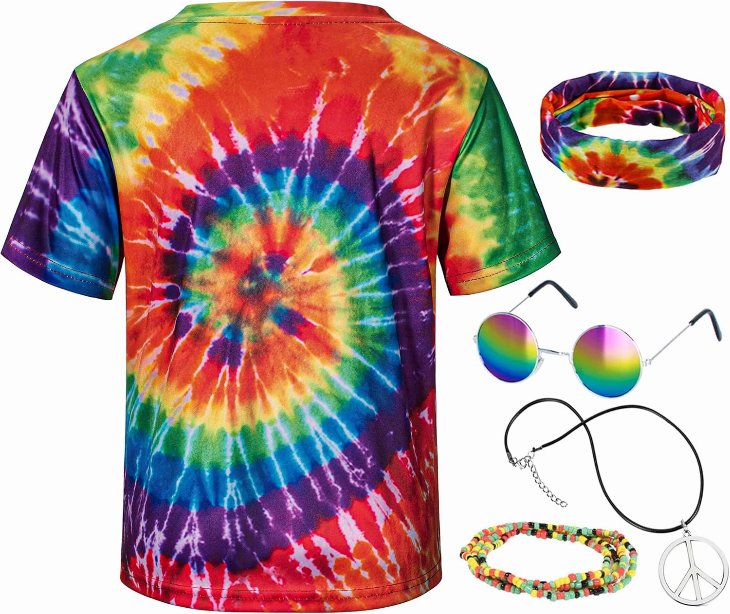 Hippie Costume for Men Momen 60s 70s Colorful T-Shirt 5 PCS Accessories Set for Theme Party
