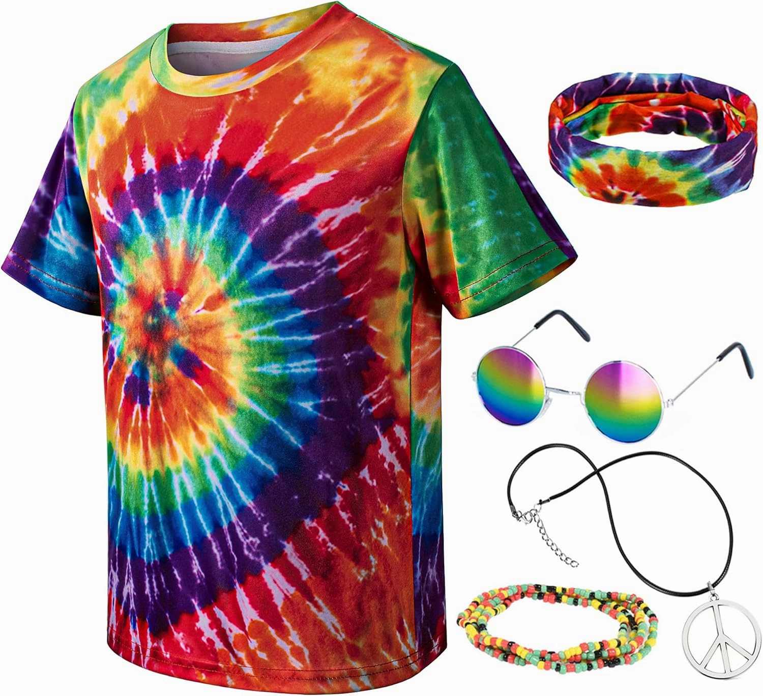 Hippie Costume for Men Momen 60s 70s Colorful T-Shirt 5 PCS Accessories Set for Theme Party