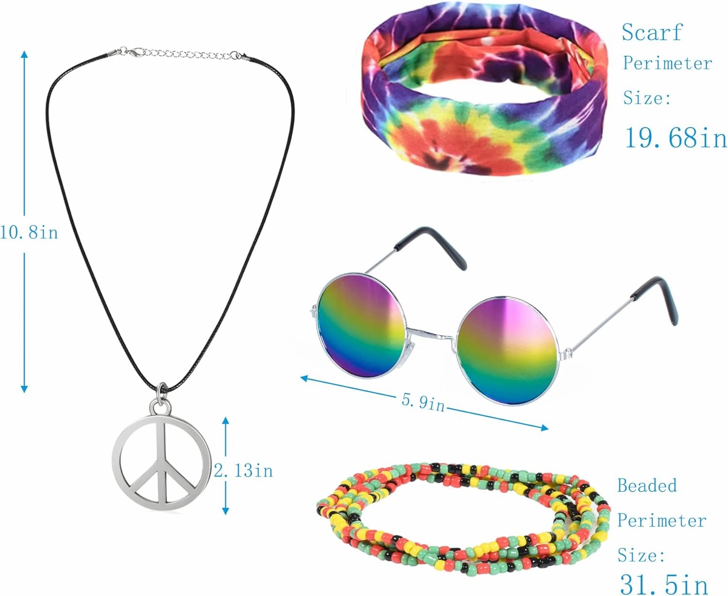 Hippie Costume for Men Momen 60s 70s Colorful T-Shirt 5 PCS Accessories Set for Theme Party