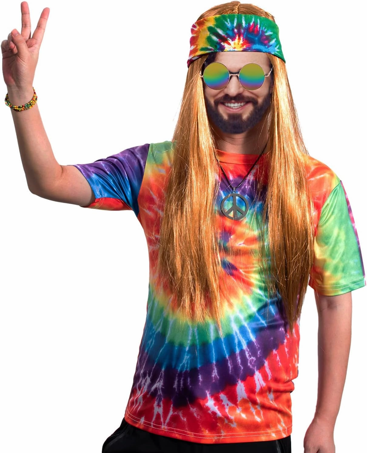 Hippie Costume for Men Momen 60s 70s Colorful T-Shirt 5 PCS Accessories Set for Theme Party