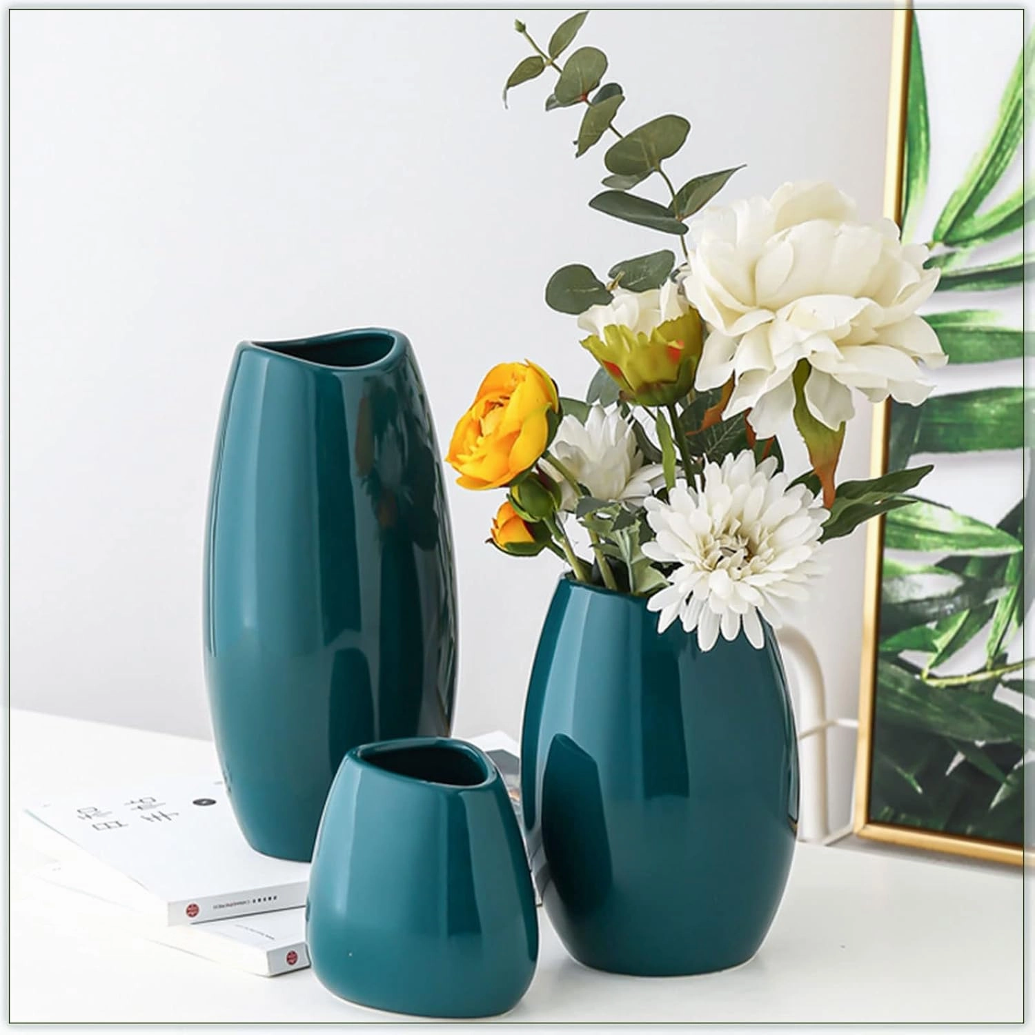 hjn Ceramic Vase Set of 3 Teal Flower Vase for Home Decor, Modern Decorative Vase for Flowers Vases for Your Ideal Shelf Decor/Table/Living Room/Kitchen/Office-Teal