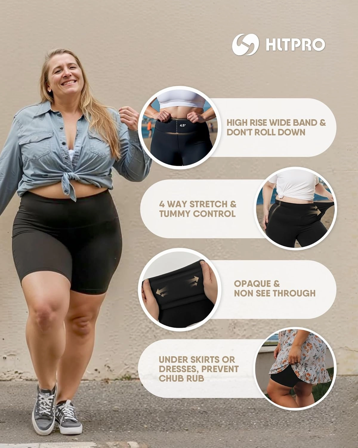 HLTPRO 3 Pack Plus Size Biker Shorts with Pockets for Women (S-4XL)- 8"/5"/3" High Waist Tummy Control Shorts for Yoga