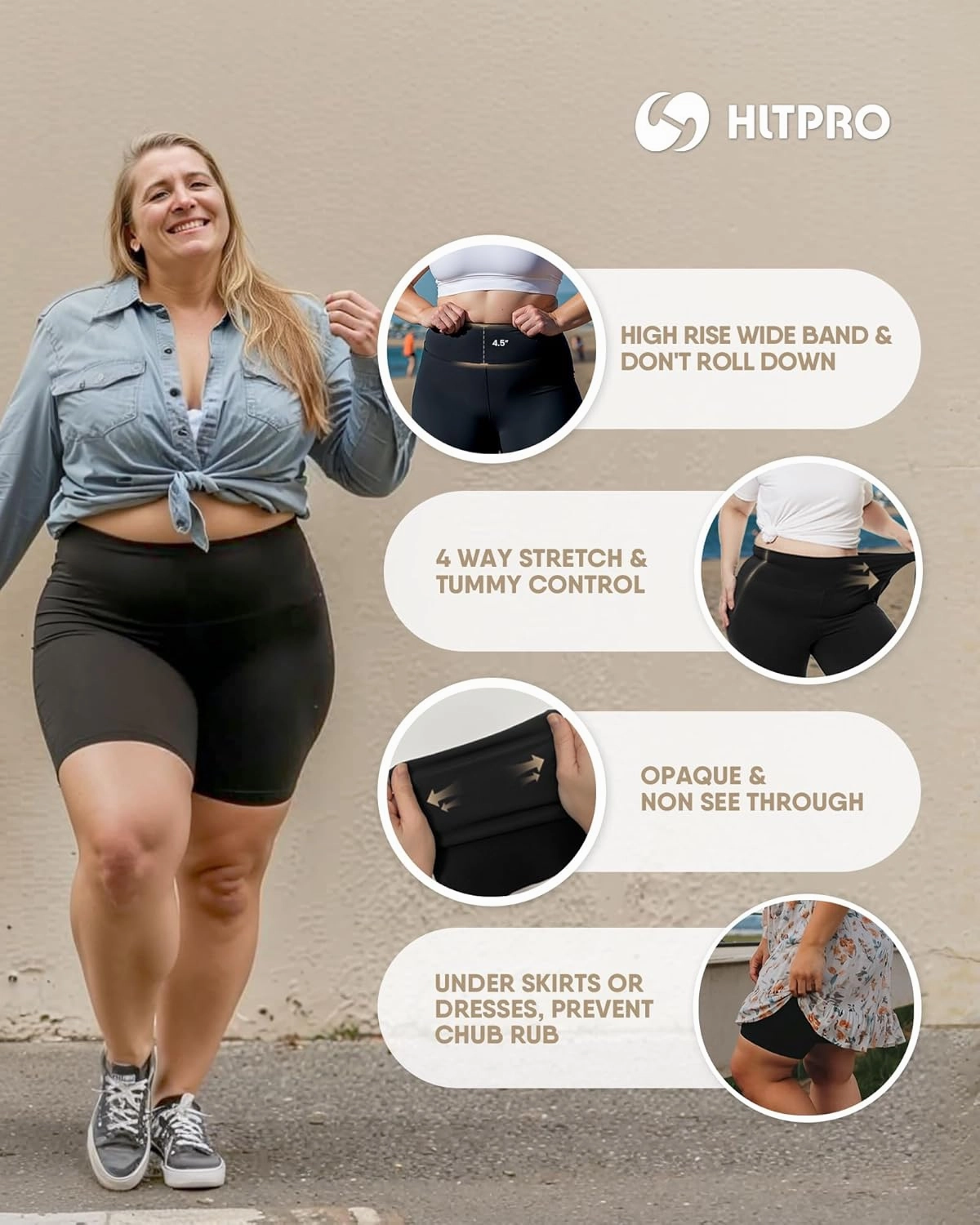 HLTPRO 3 Pack Plus Size Biker Shorts with Pockets for Women (S-4XL)- 8"/5"/3" High Waist Tummy Control Shorts for Yoga