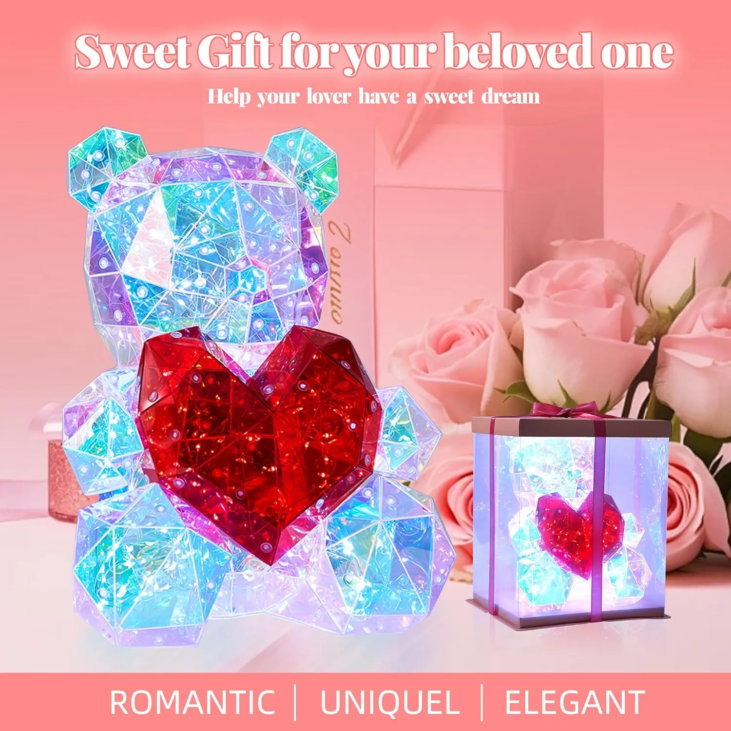 Holographic Light Up Teddy Bear, iridiscent bear, with heart with lights and beutigul gift box, presents for him, gifts for her (Bear (Read Heart) with Gift Box)