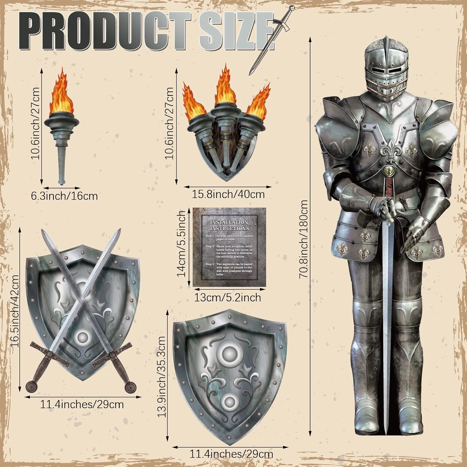 Honoson Medieval Party Decorations Knight Cut Out Castle Decorations Jointed Suit of Armor for VBS Birthday Halloween Medieval Renaissance Knight Party(10 Pcs)