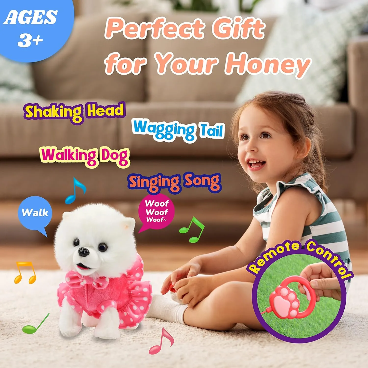Hopearl Walking Pomeranian Interactive Electronic Pet Dog Toy Remote Control Leash Animated Puppy Nodding Barking Wagging Tail Gifts for Toddlers Birthday, White, 10''