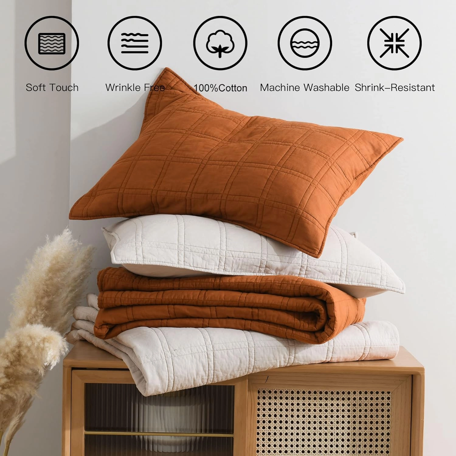 HORIMOTE HOME 100% Cotton Quilt Queen Size Burnt Orange Bedspread, Pre-Washed 3-Piece Cozy Lightweight Stitching Bedding Cover Coverlet Set with 2 Shams in Geometric Pattern for All Season