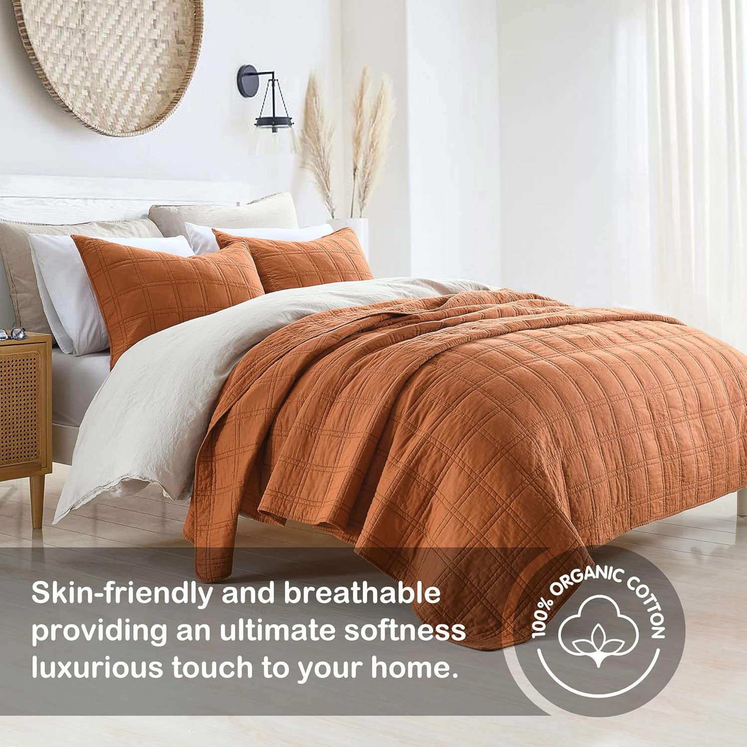 HORIMOTE HOME 100% Cotton Quilt Queen Size Burnt Orange Bedspread, Pre-Washed 3-Piece Cozy Lightweight Stitching Bedding Cover Coverlet Set with 2 Shams in Geometric Pattern for All Season