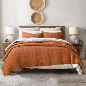 HORIMOTE HOME 100% Cotton Quilt Queen Size Burnt Orange Bedspread, Pre-Washed 3-Piece Cozy Lightweight Stitching Bedding Cover Coverlet Set with 2 Shams in Geometric Pattern for All Season
