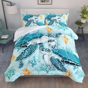 HOSIMA Sea Turtle Comforter Set,Coastal Beach Themed Bedroom Comforter Set Queen Size for Kids Teen Girls Boys Room Decor,Turtle Twin Bed in a Bag for Girls with 2 Pillowcases.