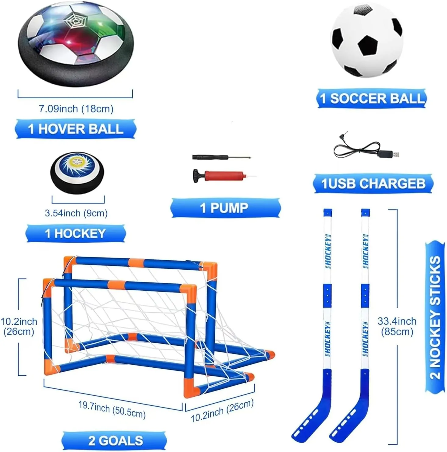 Hover Soccer Ball for Kids, 2-in-1 Air Floating Soccer Toy Set, Rechargeable Hover Soccer & Hockey Ball with LED Light, Indoor Outdoor Toys for Kids 3 4 5-12 Years Old