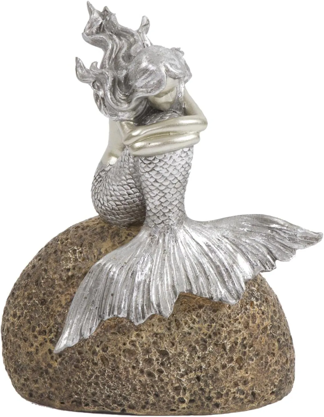 Howard Elliott Mermaid on The Rock Figure Statue for Home & Garden Decor, Bright Silver Finish Sea Life Sculpture with Padded Base for Console Table, Book Shelves & Home Decor, 8 x 5 x 10 inches