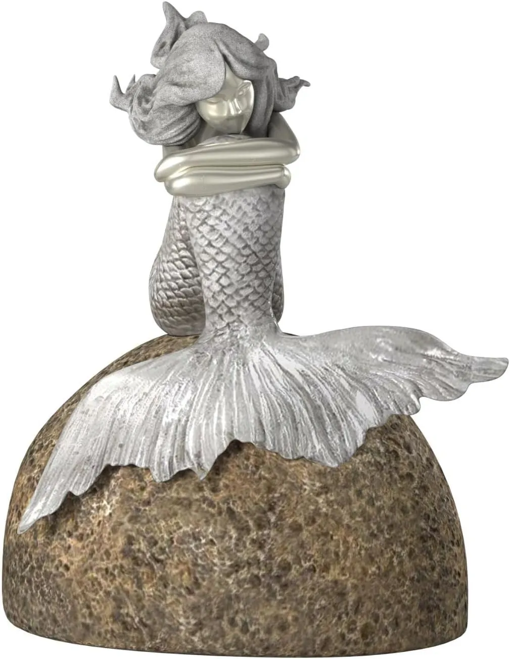 Howard Elliott Mermaid on The Rock Figure Statue for Home & Garden Decor, Bright Silver Finish Sea Life Sculpture with Padded Base for Console Table, Book Shelves & Home Decor, 8 x 5 x 10 inches