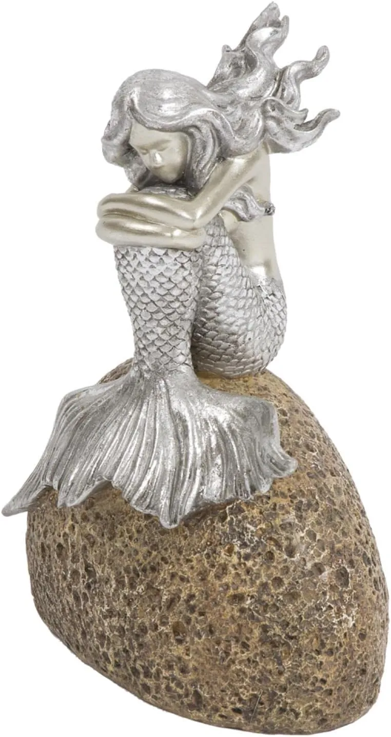 Howard Elliott Mermaid on The Rock Figure Statue for Home & Garden Decor, Bright Silver Finish Sea Life Sculpture with Padded Base for Console Table, Book Shelves & Home Decor, 8 x 5 x 10 inches