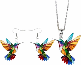 Hummingbird Necklace and Earring Set for Women, Colorful 2D Acrylic Earrings Lightweight Colibri Dangle Earrings and Pendant Necklace Unique Bird Lover Gift Jewelry