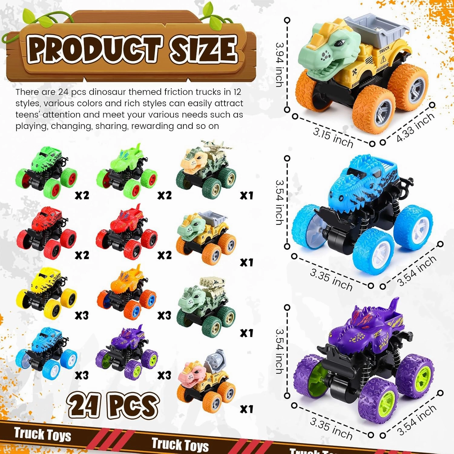 Hungdao 24 Pack Truck Toys Bulk for Girls Boys Mini Pull Back Truck Toy Push and Go Friction Powered Car for Kids Teens Stunts Toy Vehicles Playset for Birthday Gifts(Dinosaur Style)
