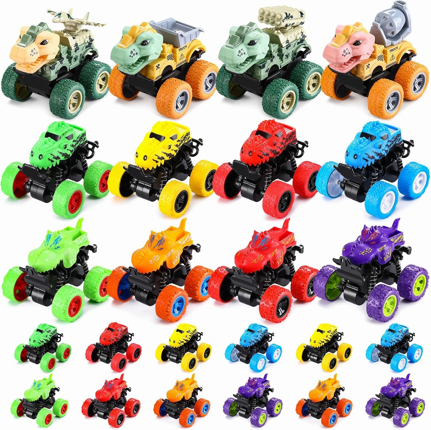 Hungdao 24 Pack Truck Toys Bulk for Girls Boys Mini Pull Back Truck Toy Push and Go Friction Powered Car for Kids Teens Stunts Toy Vehicles Playset for Birthday Gifts(Dinosaur Style)