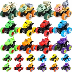 Hungdao 24 Pack Truck Toys Bulk for Girls Boys Mini Pull Back Truck Toy Push and Go Friction Powered Car for Kids Teens Stunts Toy Vehicles Playset for Birthday Gifts(Dinosaur Style)