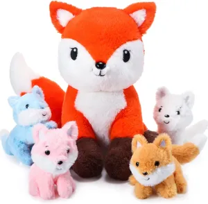 HyDren 5 Pcs Fox Plush Toy Set 14 Inch Mommy Fox Stuffed Animal with 4 Cute Plush Baby Foxes in Tummy Soft Cuddly Fox Plushies for Baby Shower Birthday Gifts Woodland Party Decor Favors