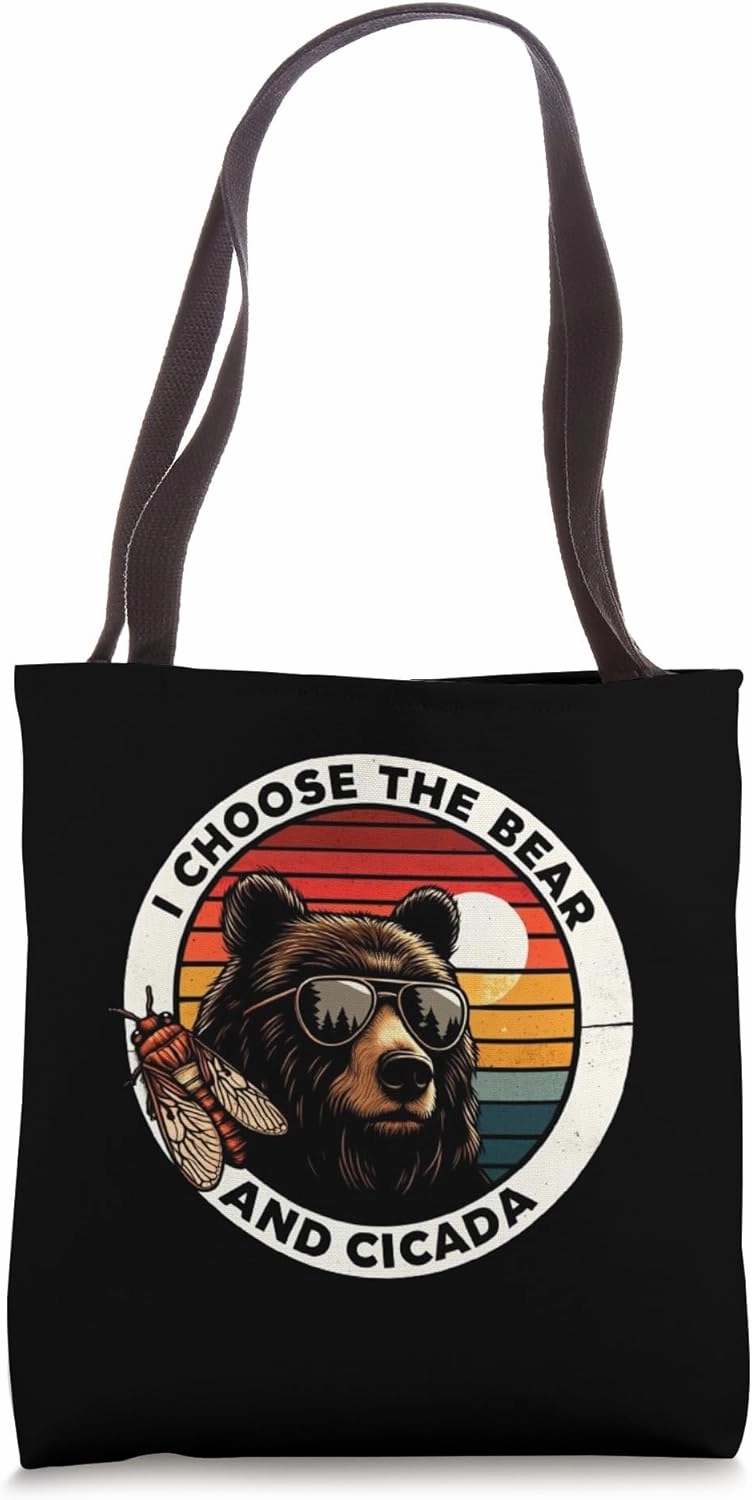 I Choose the Bear and Cicada Retro Sunset Wildlife Nature Tote Bag