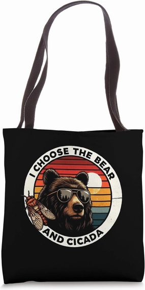 I Choose the Bear and Cicada Retro Sunset Wildlife Nature Tote Bag