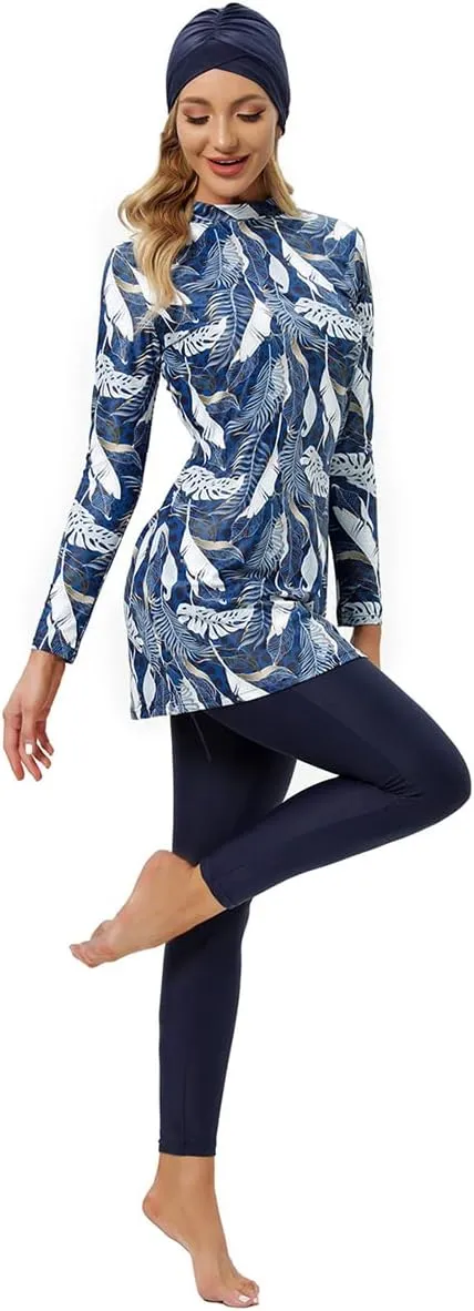 IBAKOM Muslim Swimsuit for Women Rash Guard Set 3 Pieces Long Sleeve Modest Swimwear with Swim Cap Surfing Bathing Suit