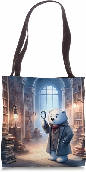 Ice Bear Detective In A Dimly Lit Library. Magnifying Glass Tote Bag
