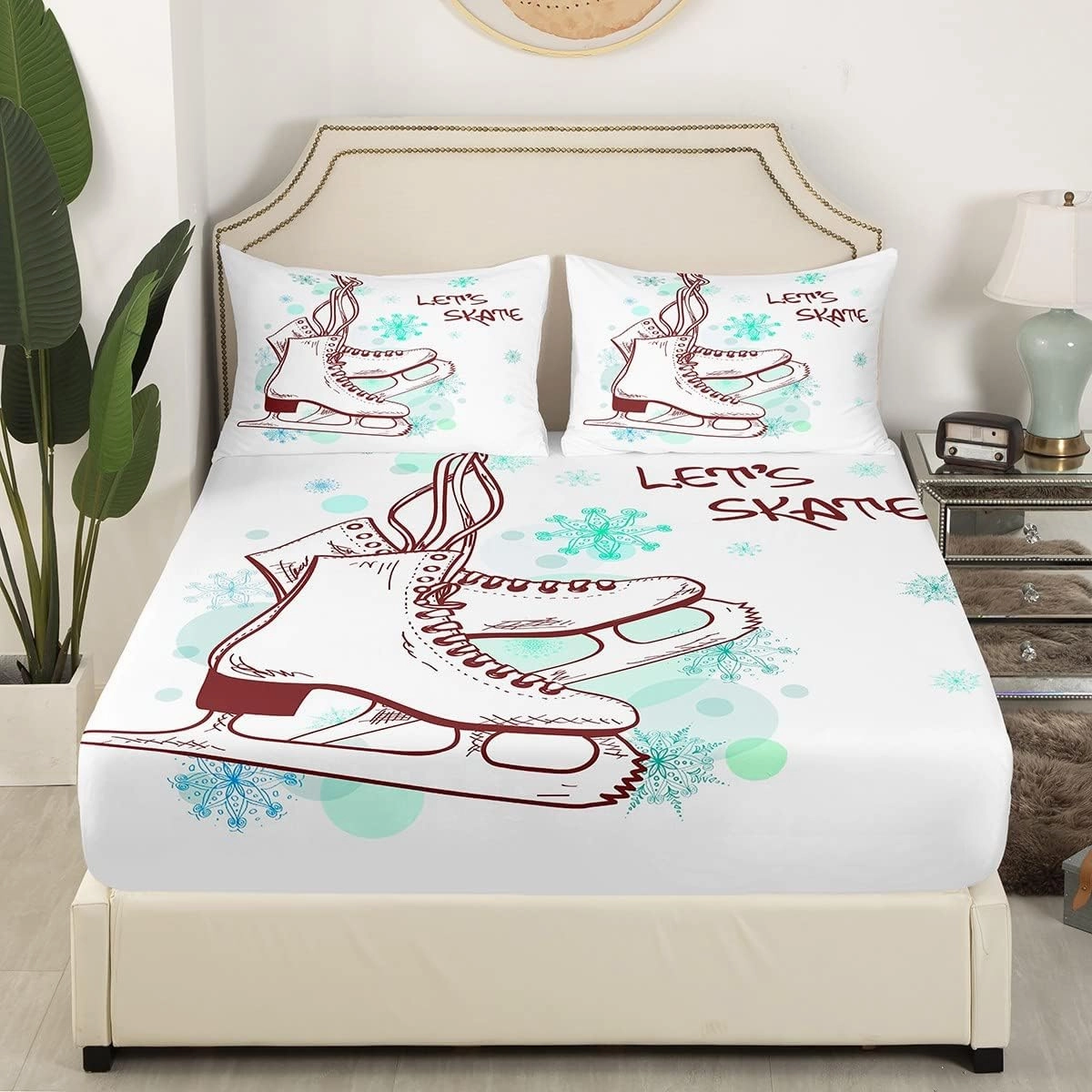 Ice Skating Fitted Sheet Girls Skater Skating Shoes Cartoon Bedding Set Twin Size Winter Snow Tie Dye White Deep Pocket Sheet for Kids Boys Teens Room Decor Speed Sports Gaming Bed Sheet 2pcs