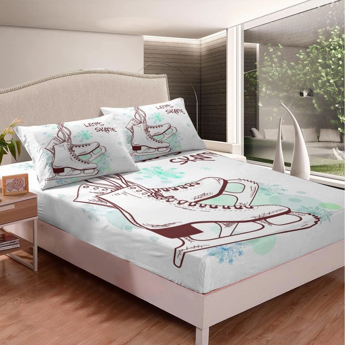 Ice Skating Fitted Sheet Girls Skater Skating Shoes Cartoon Bedding Set Twin Size Winter Snow Tie Dye White Deep Pocket Sheet for Kids Boys Teens Room Decor Speed Sports Gaming Bed Sheet 2pcs