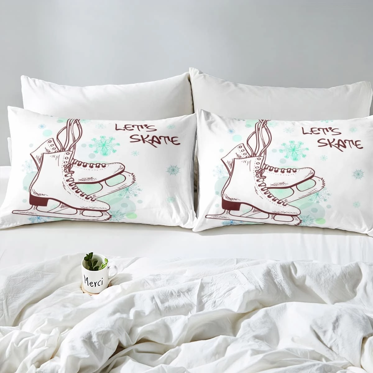 Ice Skating Fitted Sheet Girls Skater Skating Shoes Cartoon Bedding Set Twin Size Winter Snow Tie Dye White Deep Pocket Sheet for Kids Boys Teens Room Decor Speed Sports Gaming Bed Sheet 2pcs