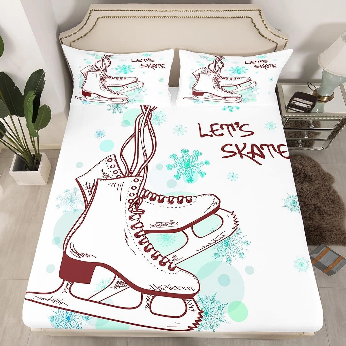 Ice Skating Fitted Sheet Girls Skater Skating Shoes Cartoon Bedding Set Twin Size Winter Snow Tie Dye White Deep Pocket Sheet for Kids Boys Teens Room Decor Speed Sports Gaming Bed Sheet 2pcs