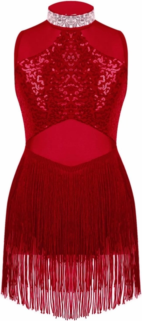 iiniim Kids Girls Sequins Tassel Hem Latin Dance Leotard with Tassel Dress Ballroom Costume Rumba Samba Dancewear
