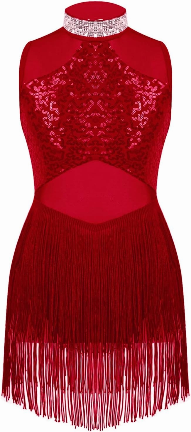 iiniim Kids Girls Sequins Tassel Hem Latin Dance Leotard with Tassel Dress Ballroom Costume Rumba Samba Dancewear