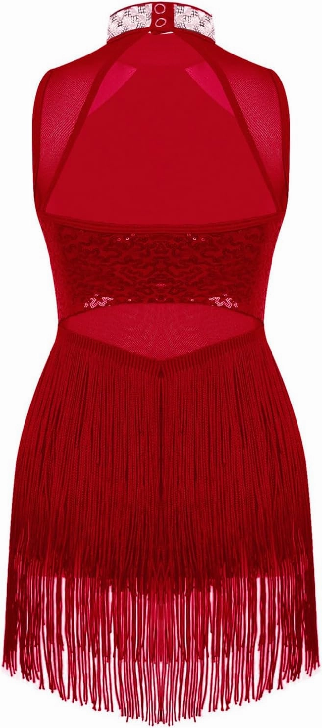 iiniim Kids Girls Sequins Tassel Hem Latin Dance Leotard with Tassel Dress Ballroom Costume Rumba Samba Dancewear