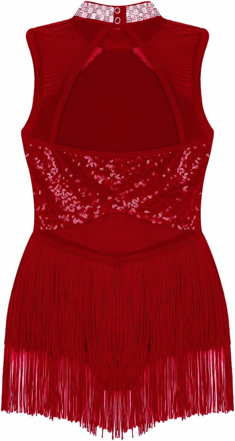iiniim Kids Girls Sequins Tassel Hem Latin Dance Leotard with Tassel Dress Ballroom Costume Rumba Samba Dancewear