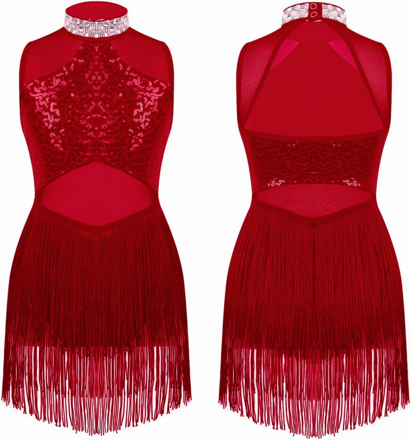 iiniim Kids Girls Sequins Tassel Hem Latin Dance Leotard with Tassel Dress Ballroom Costume Rumba Samba Dancewear