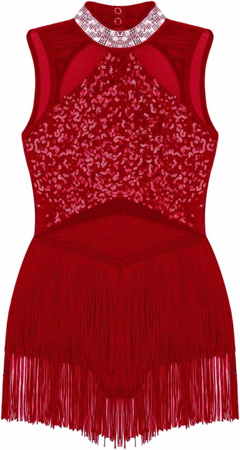 iiniim Kids Girls Sequins Tassel Hem Latin Dance Leotard with Tassel Dress Ballroom Costume Rumba Samba Dancewear