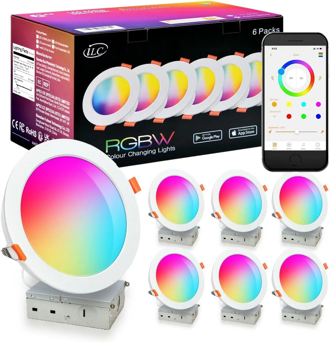 ILC 4 Inch LED Reccessed Downlights Compatible with Alexa (Echo Hub Required), 10W, APP Controlled, RGB Color Changing, 2700K-6000K, 100W Equivalent, Recessed Ceiling Lights,Bluetooth MESH (6 Packs)