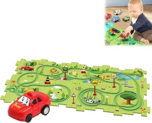 Interactive Racetrack Puzzle, Puzzle Racer Kids Car Track Set, Rail Car Puzzle Track, Electric Race Car Track Set, DIY Assembling Electric Race Car Track Set, Montessori Toys Gifts(Land,15pcs)