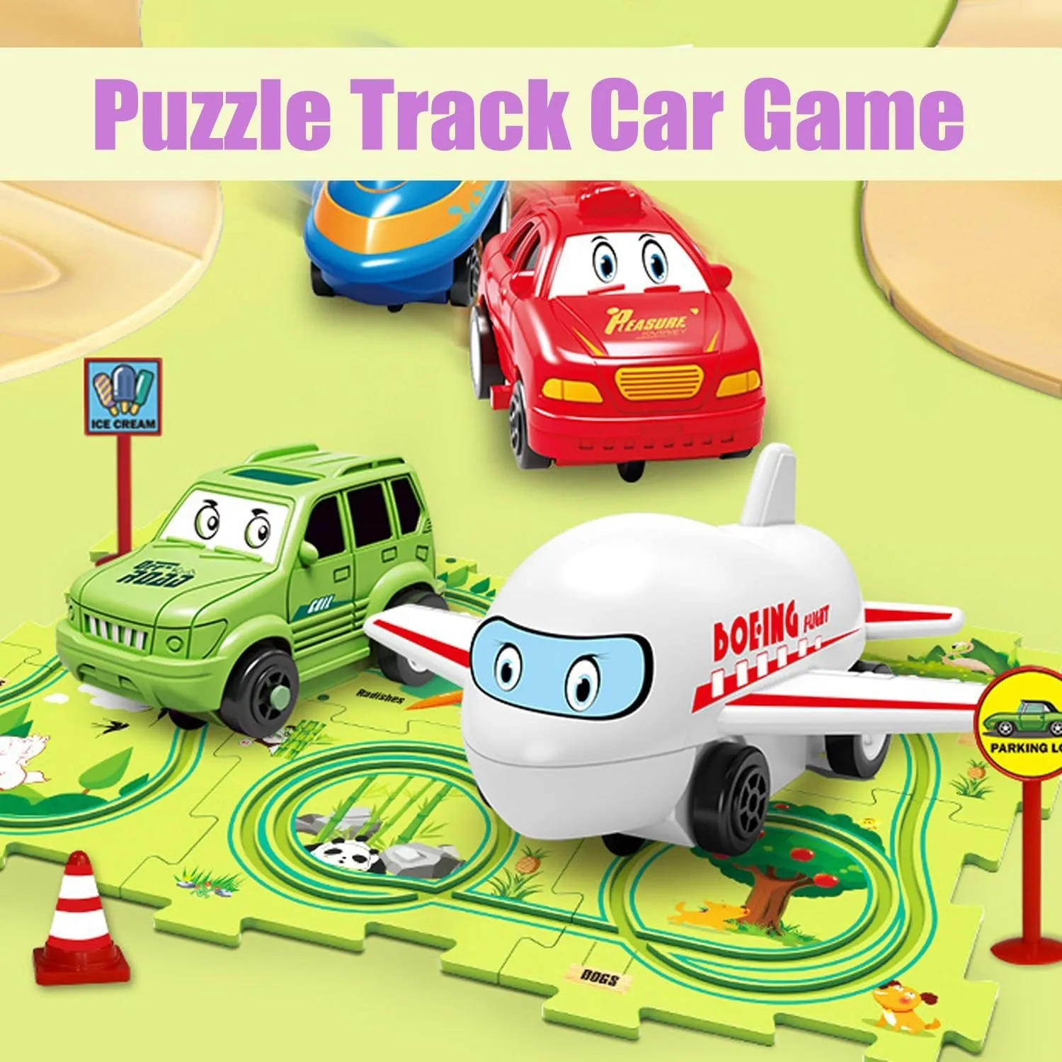 Interactive Racetrack Puzzle, Puzzle Racer Kids Car Track Set, Rail Car Puzzle Track, Electric Race Car Track Set, DIY Assembling Electric Race Car Track Set, Montessori Toys Gifts(Land,15pcs)