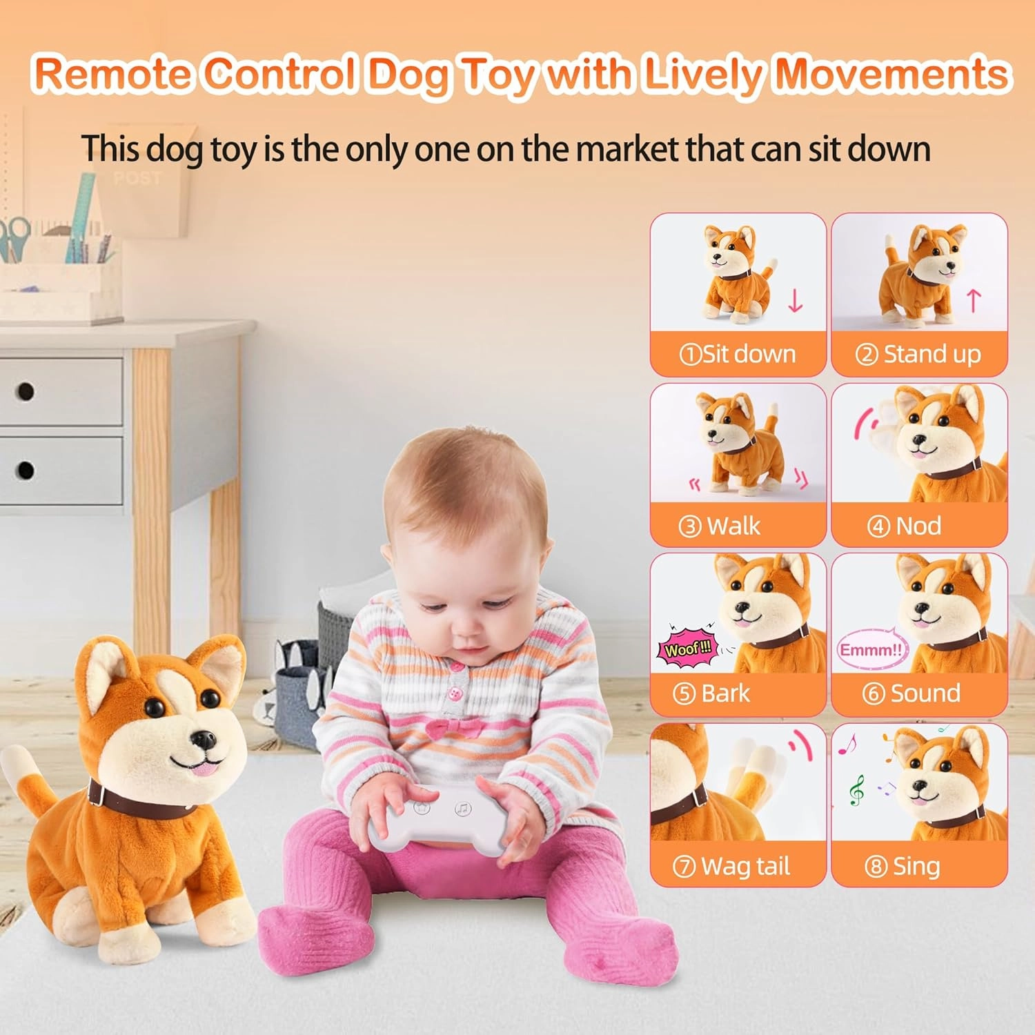 Interactive Plush Dog Toy for Kids 3 , Voice Activate, Walking, Sitting, Barking Corgi Puppy with Accessories, Realistic Stuffed Animal Gift for Girls 3-6 Years Old