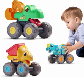 iPlay, iLearn Toddler Dinosaur Truck Toy, Baby Pull Back Toy Car 1 2 3 Year Old Boy, BigWheels Construction Vehicles, Friction Powered, Push Go Dino Car, Cool Birthday Gift for 12 18 24 Month Kid Girl