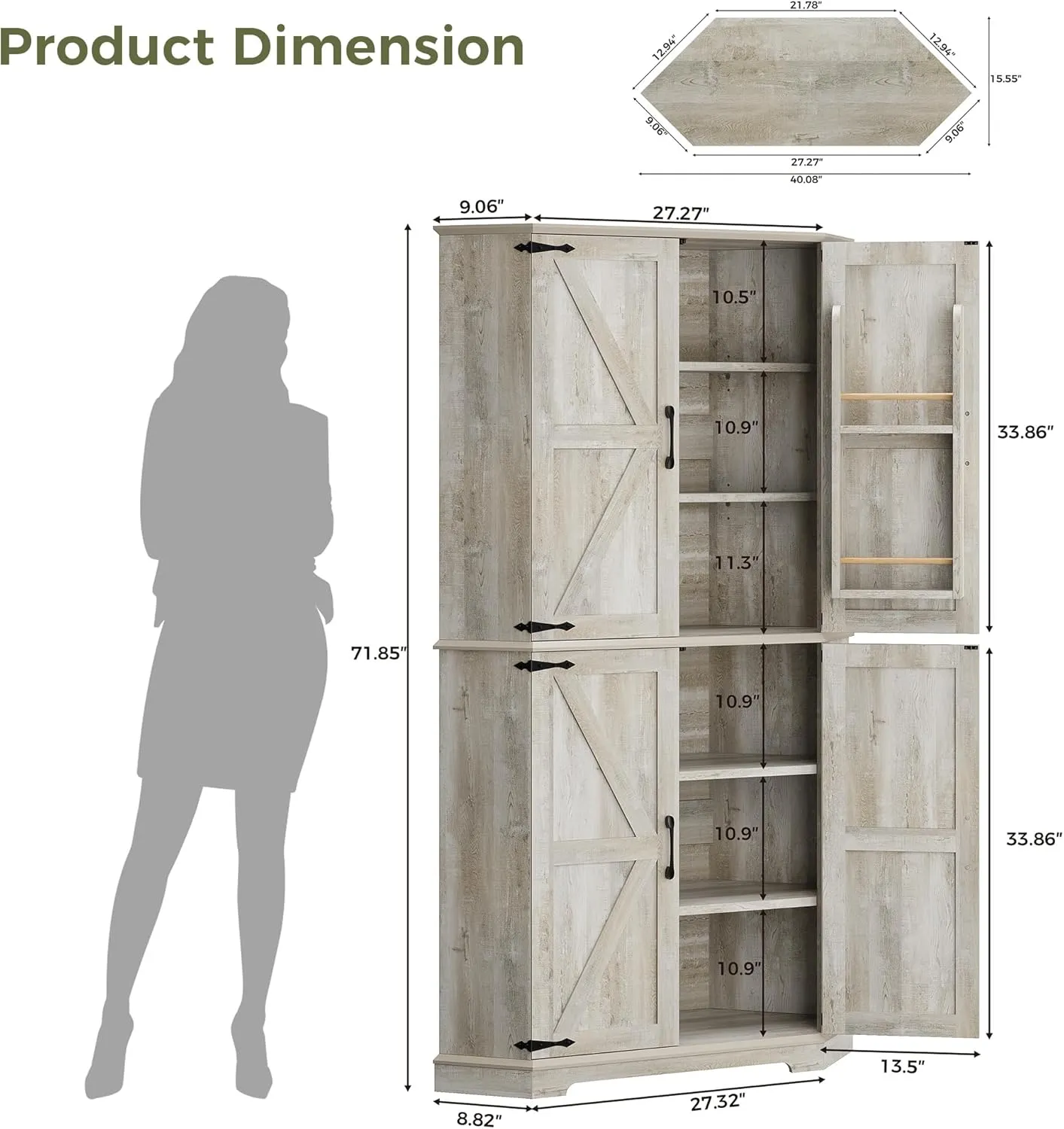 IRONCK Corner Cabinet, 72" Kitchen Pantry Cabinet, 6-Tier Farmhouse Pantry with 4 Adjustable Shelves, 240° Swivel Doors, 2 Doors Storage, Spacious Hutch for Kitchen, Living Room, Rustic Maple