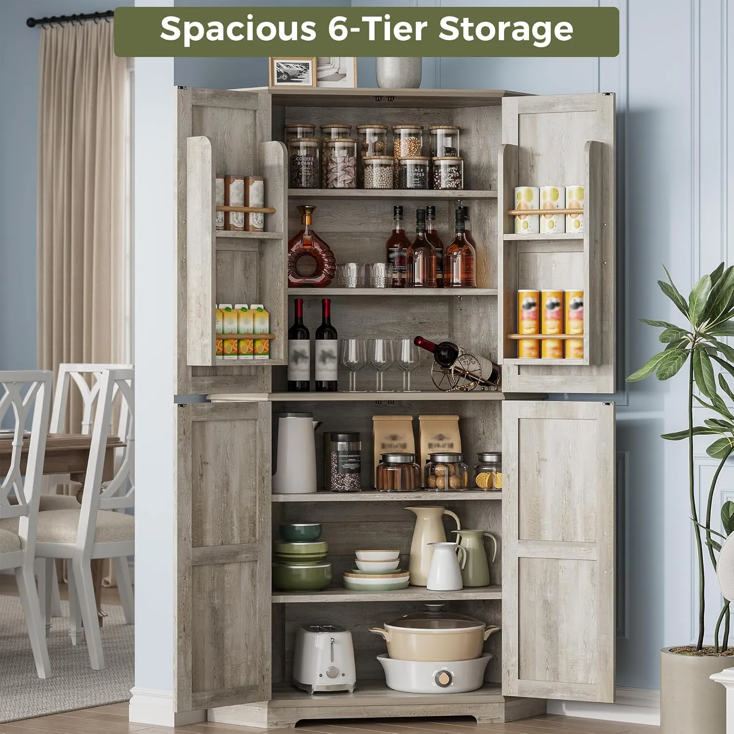 IRONCK Corner Cabinet, 72" Kitchen Pantry Cabinet, 6-Tier Farmhouse Pantry with 4 Adjustable Shelves, 240° Swivel Doors, 2 Doors Storage, Spacious Hutch for Kitchen, Living Room, Rustic Maple